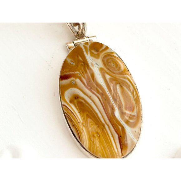 Utah Agate Brown & Gold Oval Floral Bail Sterling Silver 925 Vintage Pendant - Picture 5 of 10